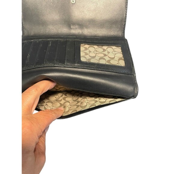 Vintage Y2K Coach Black Leather Tri-Fold Wallet Silver Buckle Leather Monogram - Picture 5 of 11